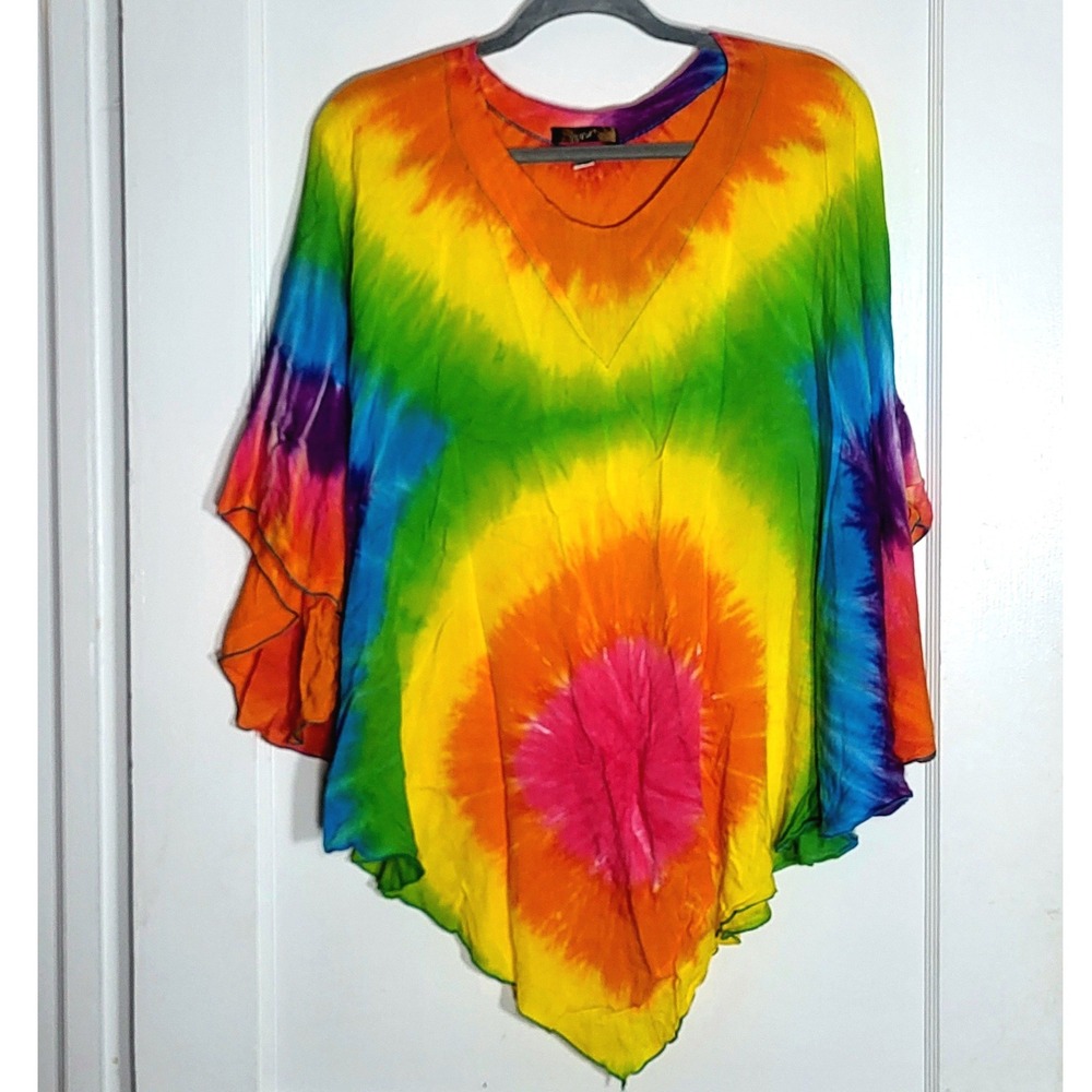 WRA Rainbow Tie Dye Poncho Top Rayon V-Neck Handkerchief Hem Boho Festival